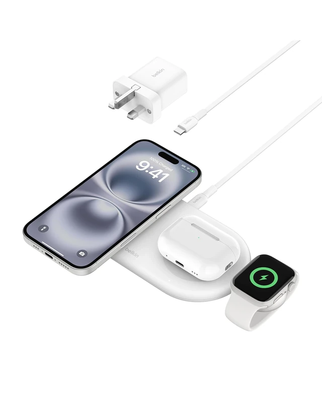 Belkin BoostCharge Pro 3-in-1 Wireless Charging Pad with Magnetic Qi2 15W, Fast Charging iPhone Wireless Charger Compatible with iPhone 16 Series, AirPods, Apple Watch & More - White