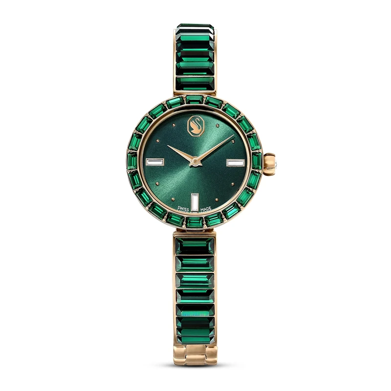 Swarovski Matrix Bangle Watch, Swiss-Made & Water-Resistant Stainless Steel Wristwatch, Champagne Gold-Tone Finish with Green Crystals & Crystal Bracelet Strap, Part of The Matrix Collection