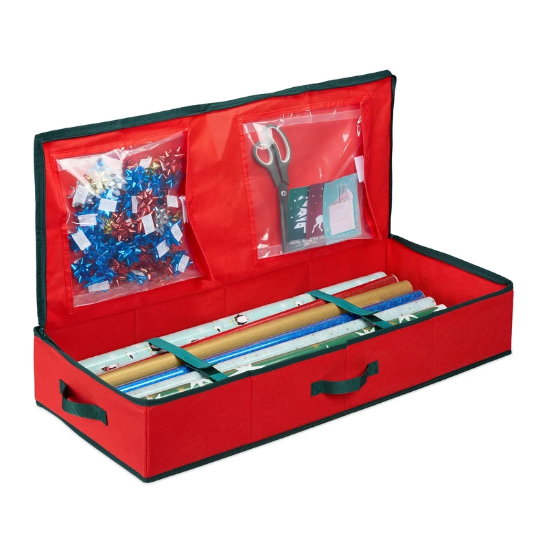 Relaxdays Gift Wrap Storage Box, 2 Inner Pockets for Ribbons, Christmas, Birthday, HWD: 14.5 x 81 x 35 cm, Red/Black, Cardboard