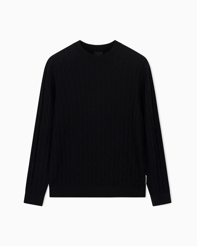 Armani Exchange Men's Essential, Long Sleeve Monogram Logo Texture Pullover Sweater, Black, L, Black, L