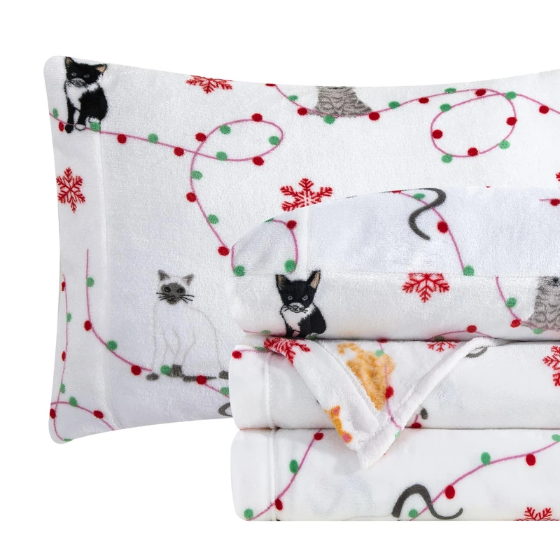 Elegant Comfort Luxuriously Soft 4-Piece Holiday Velvet Plush Flannel Sheet Set - Premium Quality - Cozy Warm, Christmas Fuzzy Velvet Flannel Fleece Deep Pocket Sheet Set - Full, Jingle Cats