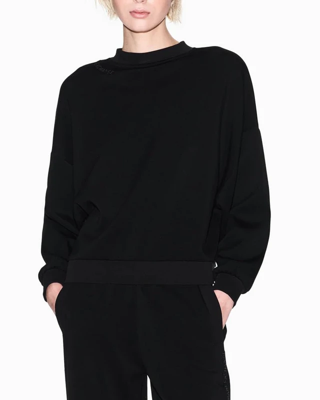 Armani Exchange Women's Cuffed Sleeve Logo Lettering Relaxed Fit, Sweatshirt, Black, XL, Black, XL
