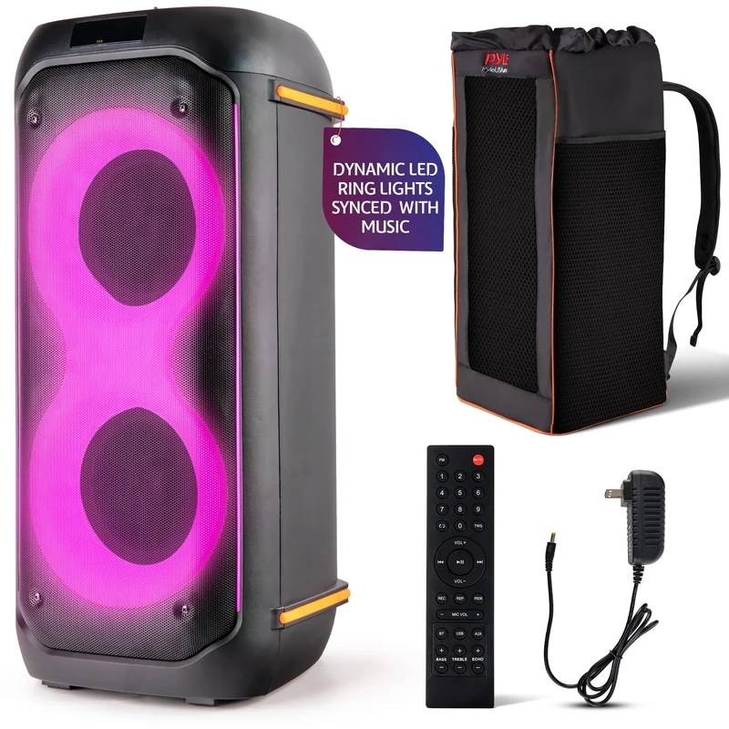 Pyle Compact Bluetooth PA Party Speaker System, 160W Dual 6.5" Karaoke Machine with Mic, Rechargeable Battery, USB/SD/BT/FM Radio, TWS Function & Party Lights, Speaker Bag Included, 11.8"x11.8"x26.4"