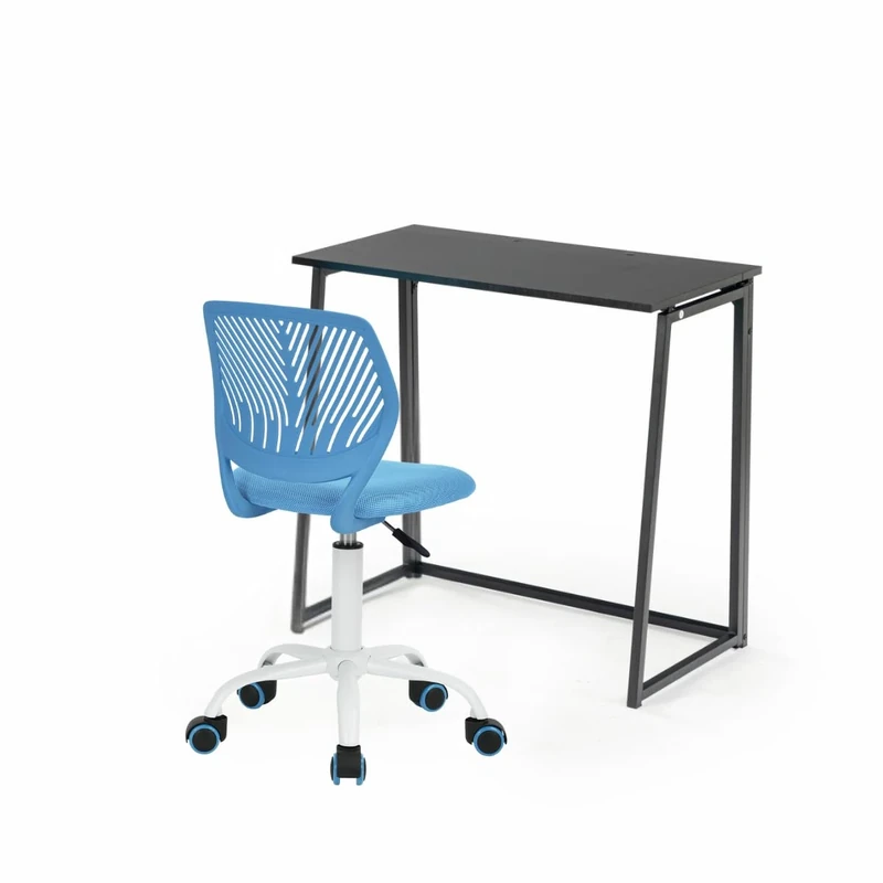 FurnitureR 2 Piece Wooden Folding Desk Computer Laptop Table Chair Writing Study Desk Space Saving Foldable Pack,Contemporary,Black Table+Blue Chair