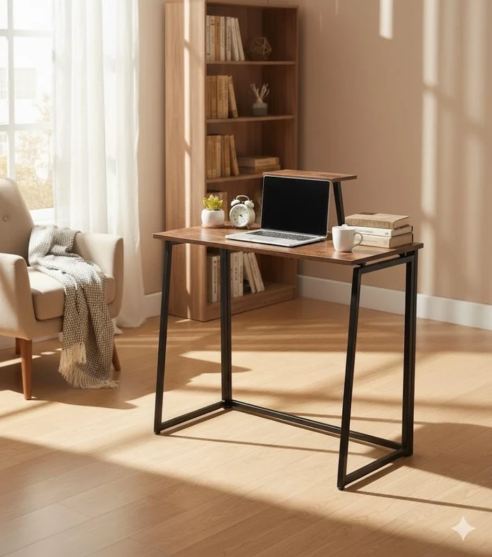 FurnitureR Foding Desk with Small Removable Monitor Stand, Portable Standing Desk Space-Saving Foldable Writing Table, Workstation for Home Office, Vintage Brown,W80xD40xH75-90CM