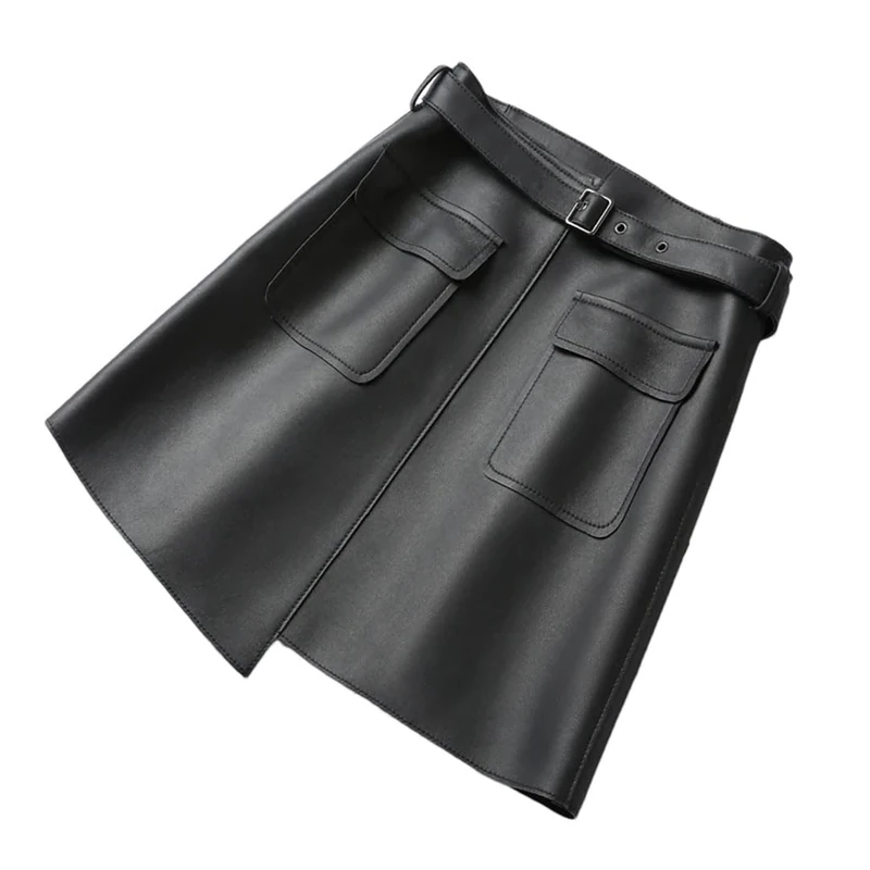 Women Autumn Winter Real Leather High Waist Mini Skirt with Belt Black