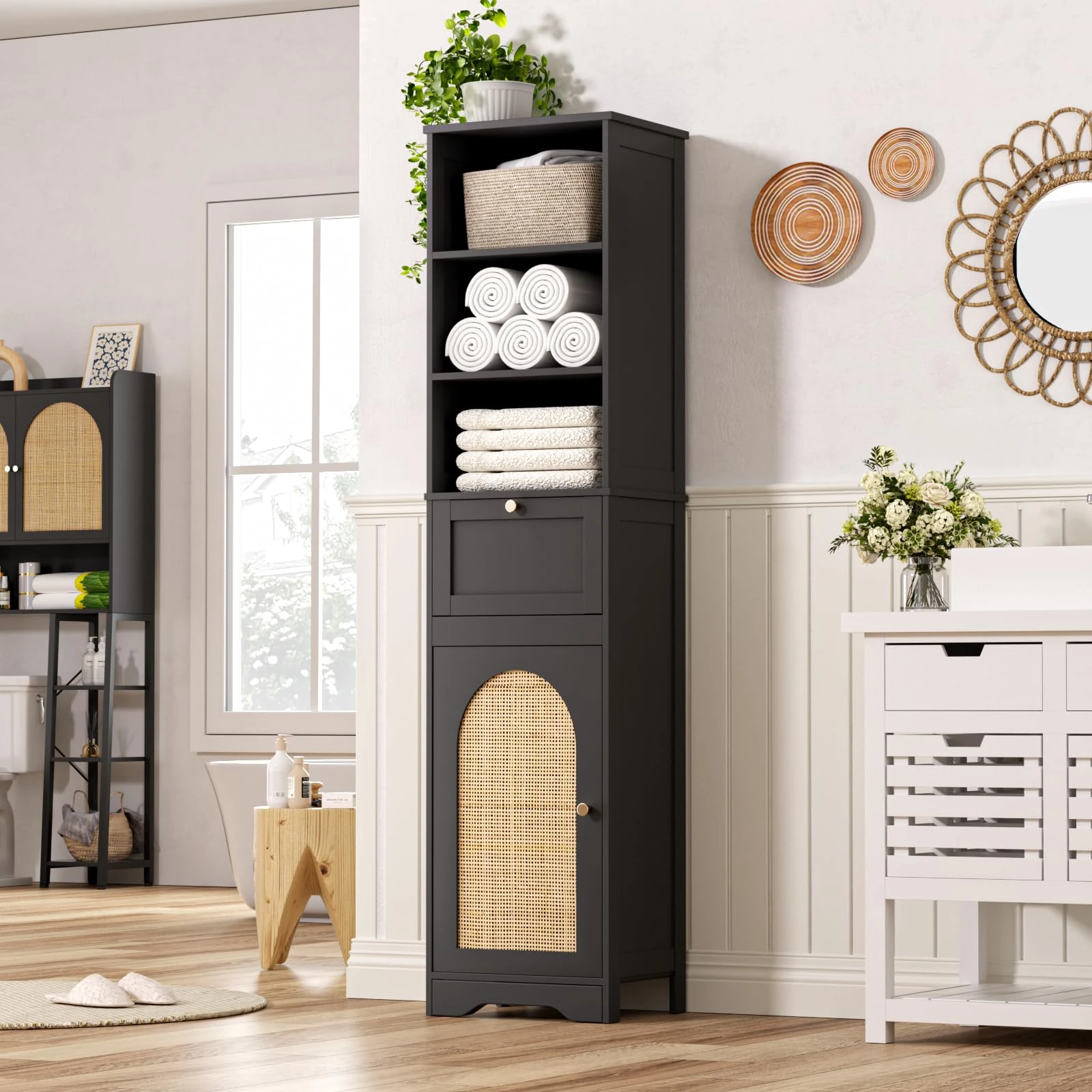 FiveWillowise 67" H Bathroom Storage Cabinet with Rattan Doors and Slide Storage, Tall Narrow Standing Tower Cabinet with Adjustable Shelves, Small Bathroom Floor Cabinet for Entryway, Kitchen, Black
