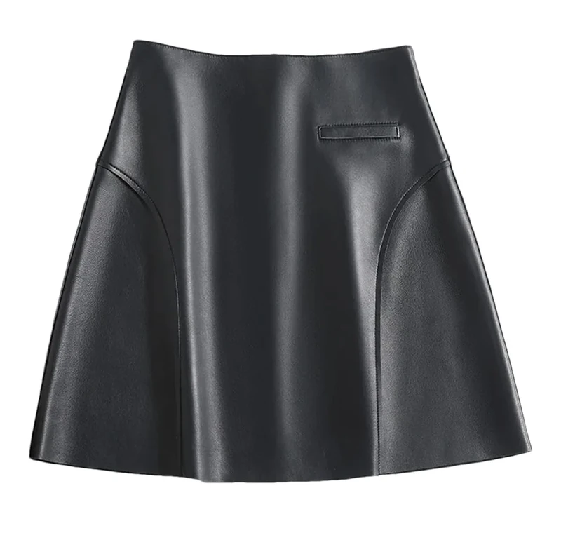 Women Real Leather Sexy Mini Skirt Spring High Waist Buttons Retro A-Line Skirt Black