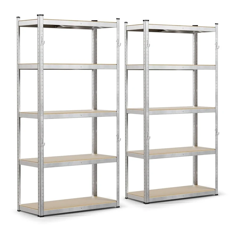 VOUNOT® 5-Tier Heavy Duty Shelving Units with Hooks, Set of 2 Metal Storage Racking for Garage, Shed, Workshop & Warehouse, Freestanding Shelves, Load Capacity 875kg, 180 x 90 x 40 cm
