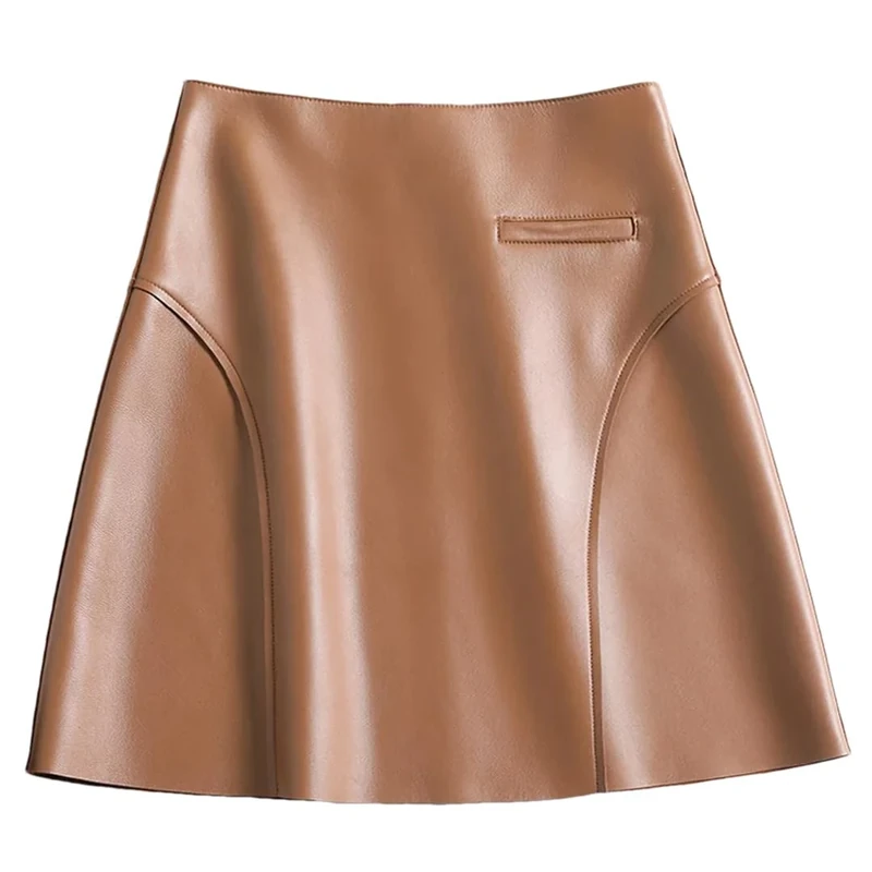 Women Real Leather Sexy Mini Skirt Spring High Waist Buttons Retro A-Line Skirt