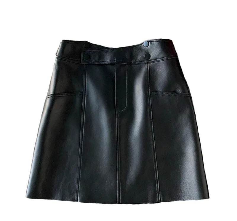 Women Spring Sheepskin Leather Short Skirt Irregular Pocket A-Line Sexy Mini Skirt Black