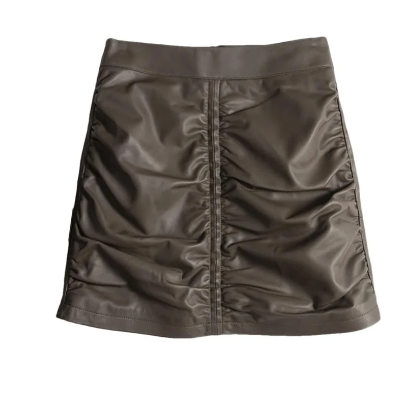 Genuine Leather Short Skirt Women Leather Draped Mini Skirt with Pleats Invisible Back Zipper Closure Brown