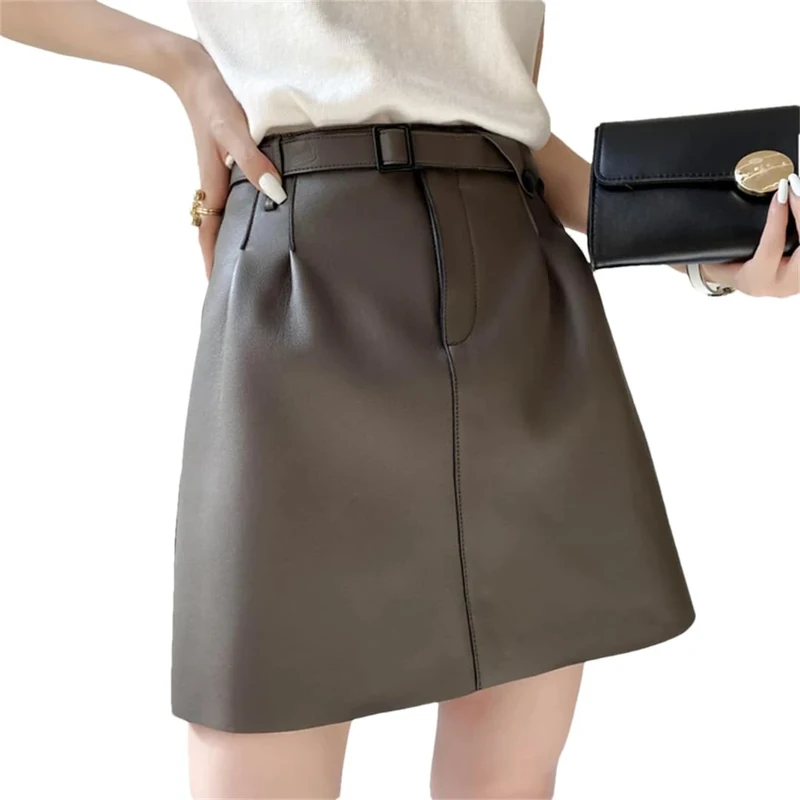 Women Genuine Leather Sexy Mini Skirt Spring High Waist Buttons Retro A-Line Skirt with Belt Gray