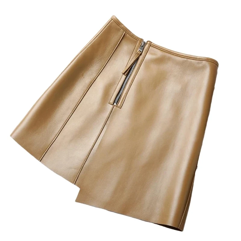 Women Genuine Leather Skirt Autumn Winter Sheepskin High Waist Mini Skirt Khaki