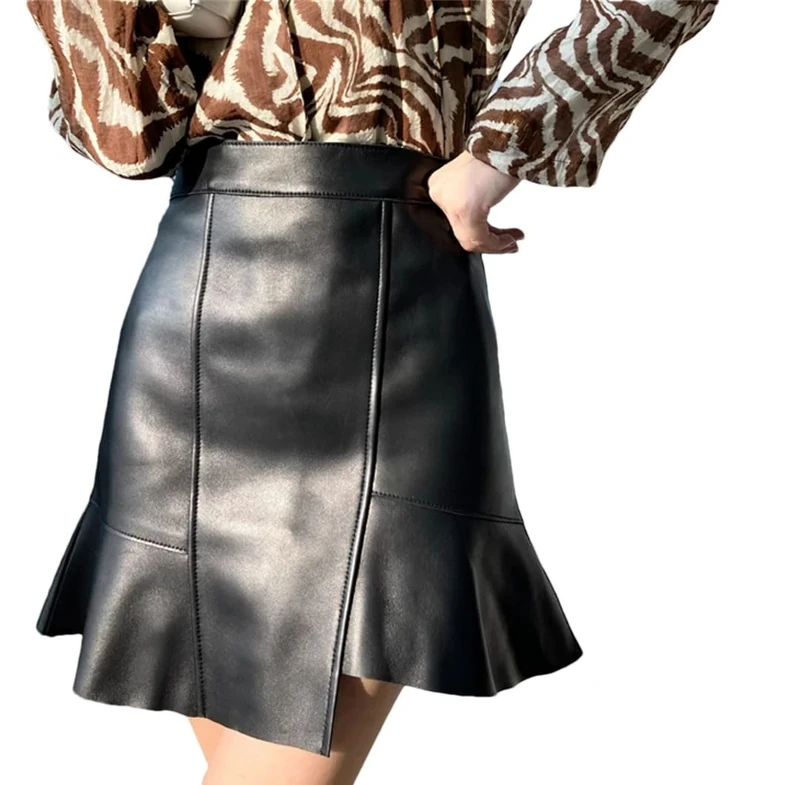 Women's Leather Fishtail Skirt Elegant Real Lambskin Irregular Mini Skirt High Waist Ruffled Short Skirt Black