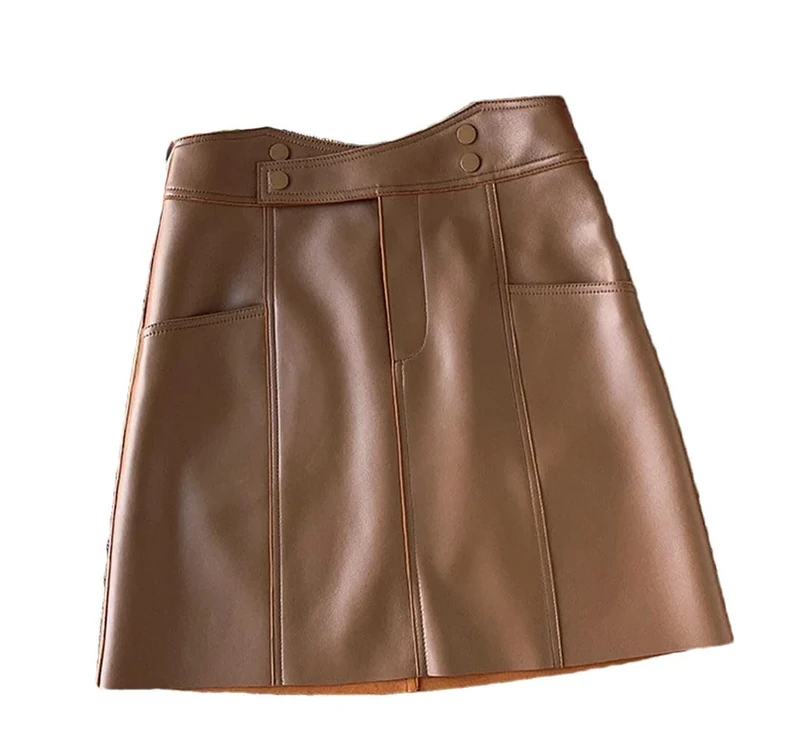 Women Spring Sheepskin Leather Short Skirt Irregular Pocket A-Line Sexy Mini Skirt Brown