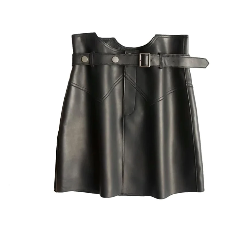 Genuine Leather Sexy Mini Skirt Women Spring High Waist Buttons Retro Regular Fit Belt Pencil Skirt Black