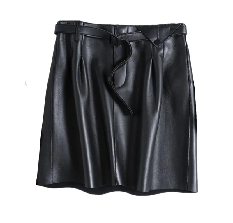Women Genuine Leather Sexy Mini Skirt Spring High Waist Buttons Retro A-Line Skirt with Belt Black