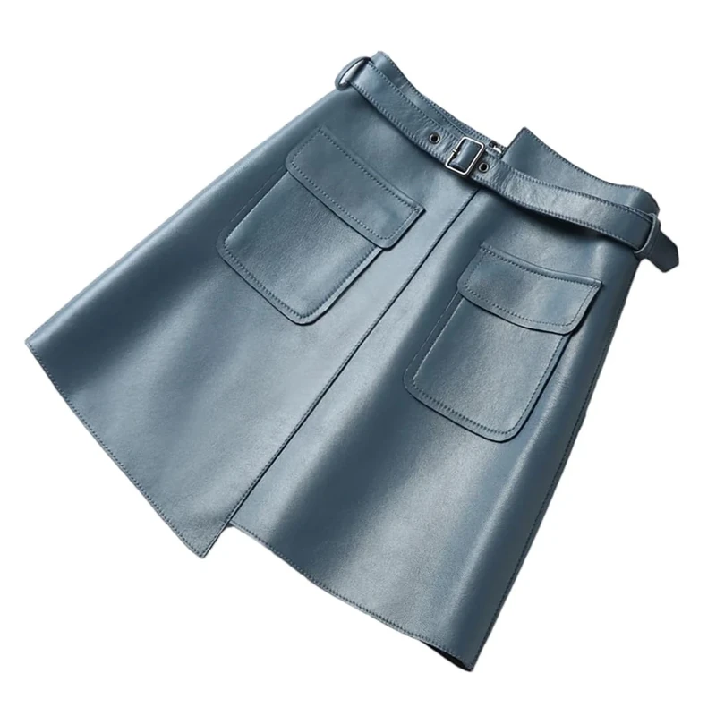 Women Autumn Winter Real Leather High Waist Mini Skirt with Belt