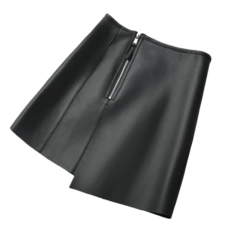 Women Genuine Leather Skirt Autumn Winter Sheepskin High Waist Mini Skirt Black
