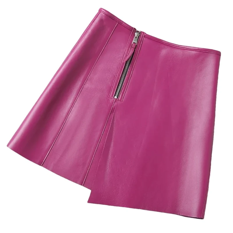 Women Genuine Leather Skirt - High Waist Mini A-Line Rose Red