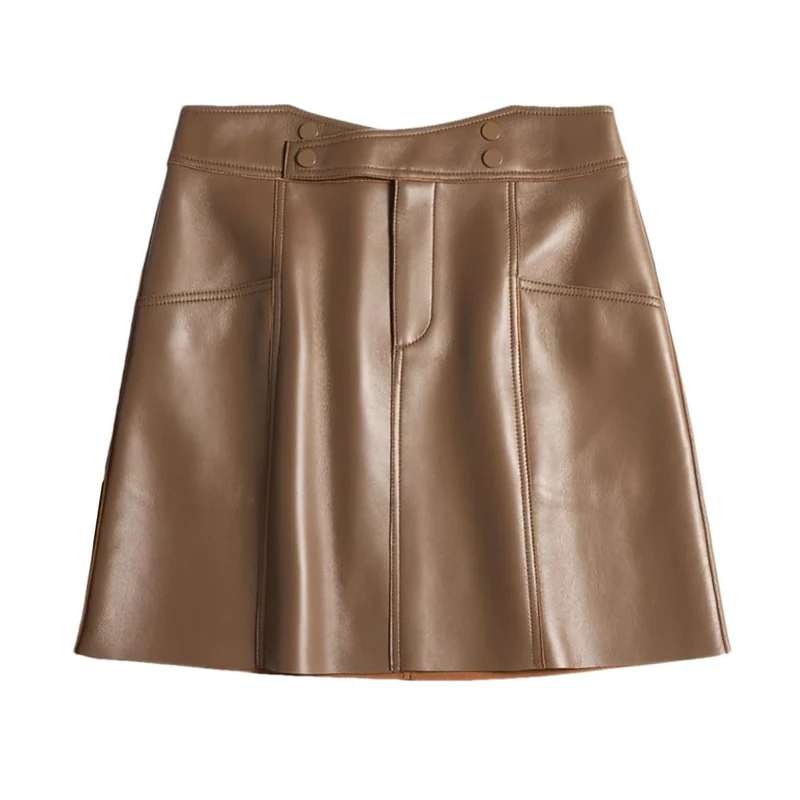 Women Winter Leather Mini Skirts Pocket Slim Sexy High Waist A-Line Skirt Brown