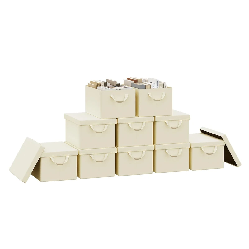WOLTU Foldable Storage Boxes Set of 10, Fabric Storage Cubes with Metal Frame, Storage Baskets with Lid and Handles, Clothes Organisers for Wardrobe, Study, Children's Room, Bedroom, Cream, 38x27x20cm