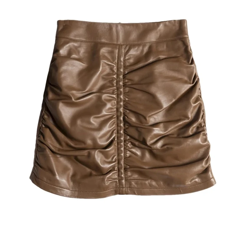 Genuine Leather Short Skirt Women Leather Draped Mini Skirt with Pleats Invisible Back Zipper Closure