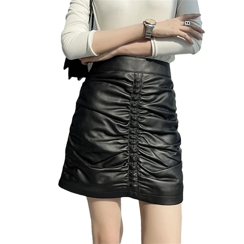 Genuine Leather Short Skirt Women Leather Draped Mini Skirt with Pleats Invisible Back Zipper Closure Black