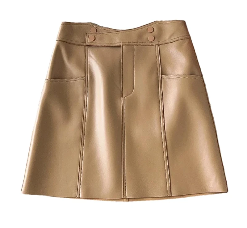 Women Spring Sheepskin Leather Short Skirt Irregular Pocket A-Line Sexy Mini Skirt Khaki