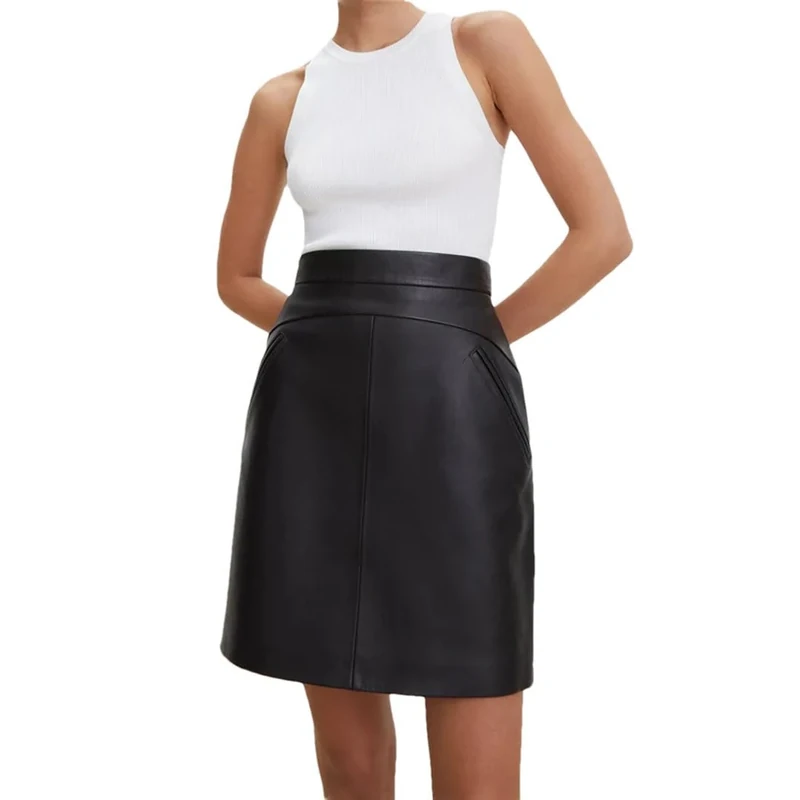 Genuine Leather Sexy Mini Skirt Women Spring High Waist Retro A-Line Skirt Black