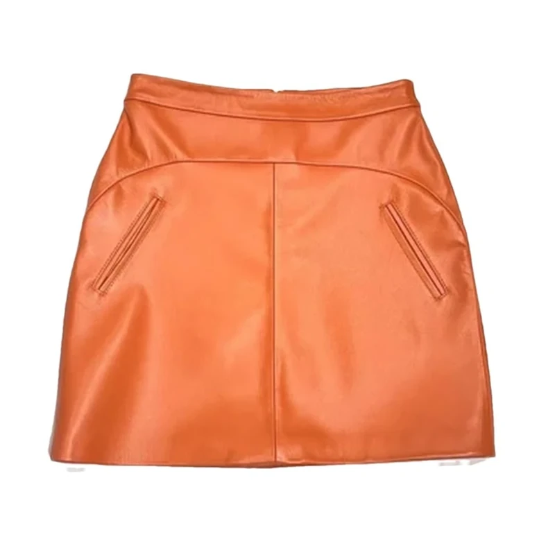 Genuine Leather Sexy Mini Skirt Women Spring High Waist Retro A-Line Skirt Orange