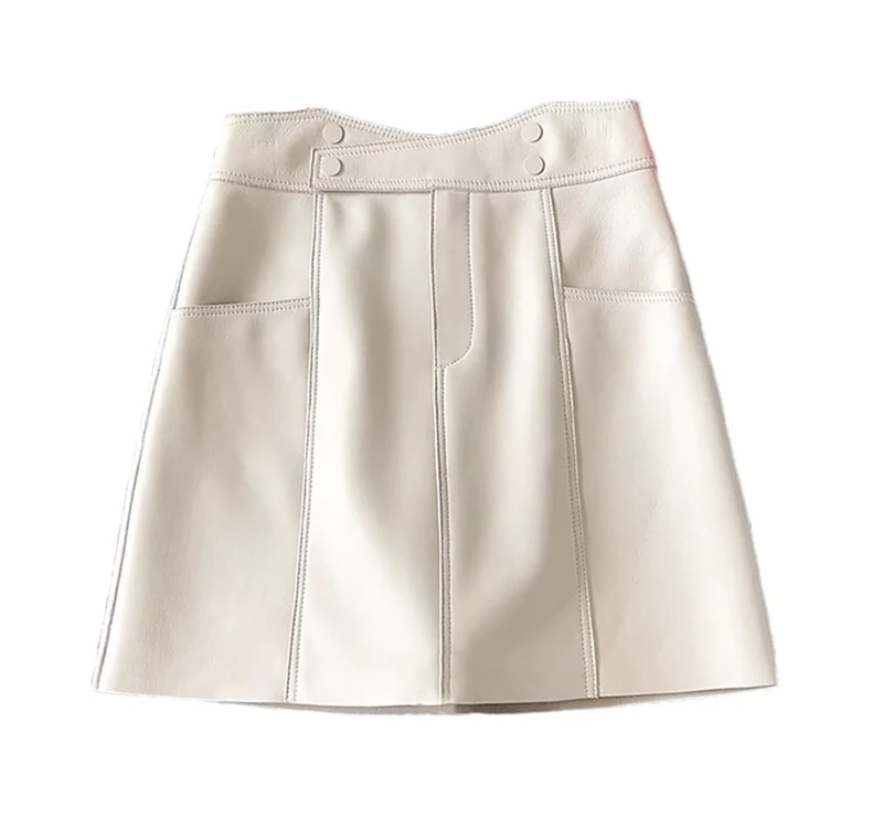 Women Spring Sheepskin Leather Short Skirt Irregular Pocket A-Line Sexy Mini Skirt Ivory
