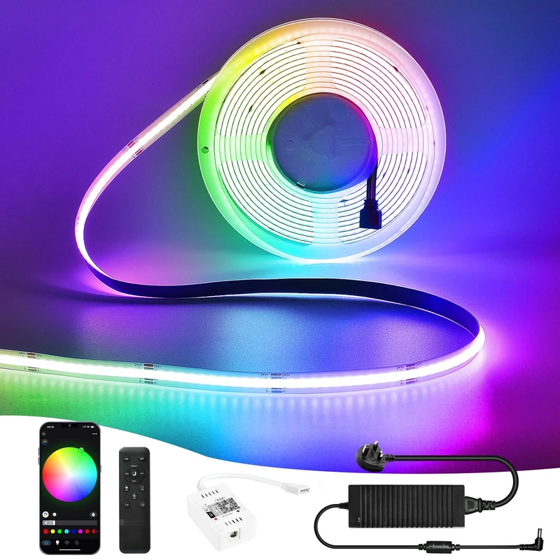 INDARUN RGB Cob Led Strip Light 10m, 10m RGB WiFi Led Strip Set 24V 5A with APP/Remote Control, Led Tape Light Kit 576LEDs/Meter for Home Decoration, Compatible with Alexa/Google Home