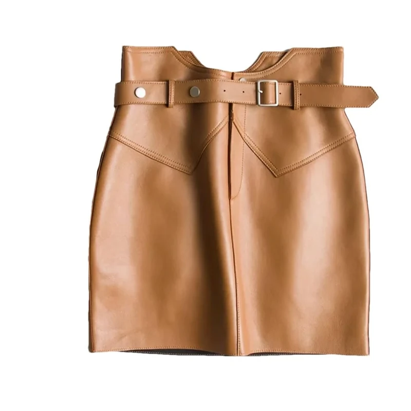 Genuine Leather Sexy Mini Skirt Women Spring High Waist Buttons Retro Regular Fit Belt Pencil Skirt Brown