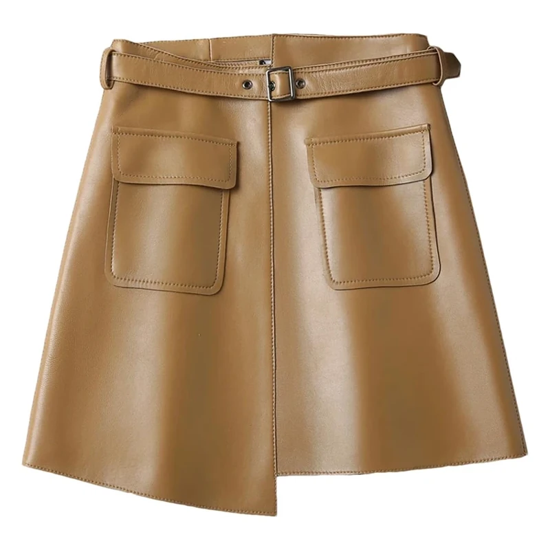 Women Autumn Winter Real Leather High Waist Mini Skirt with Belt Khaki
