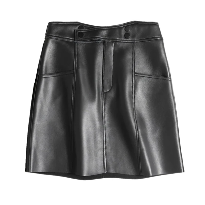 Women Winter Leather Mini Skirts Pocket Slim Sexy High Waist A-Line Skirt Black