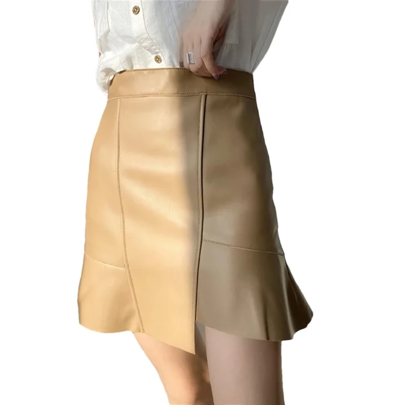Women's Leather Fishtail Skirt Elegant Real Lambskin Irregular Mini Skirt High Waist Ruffled Short Skirt Khaki