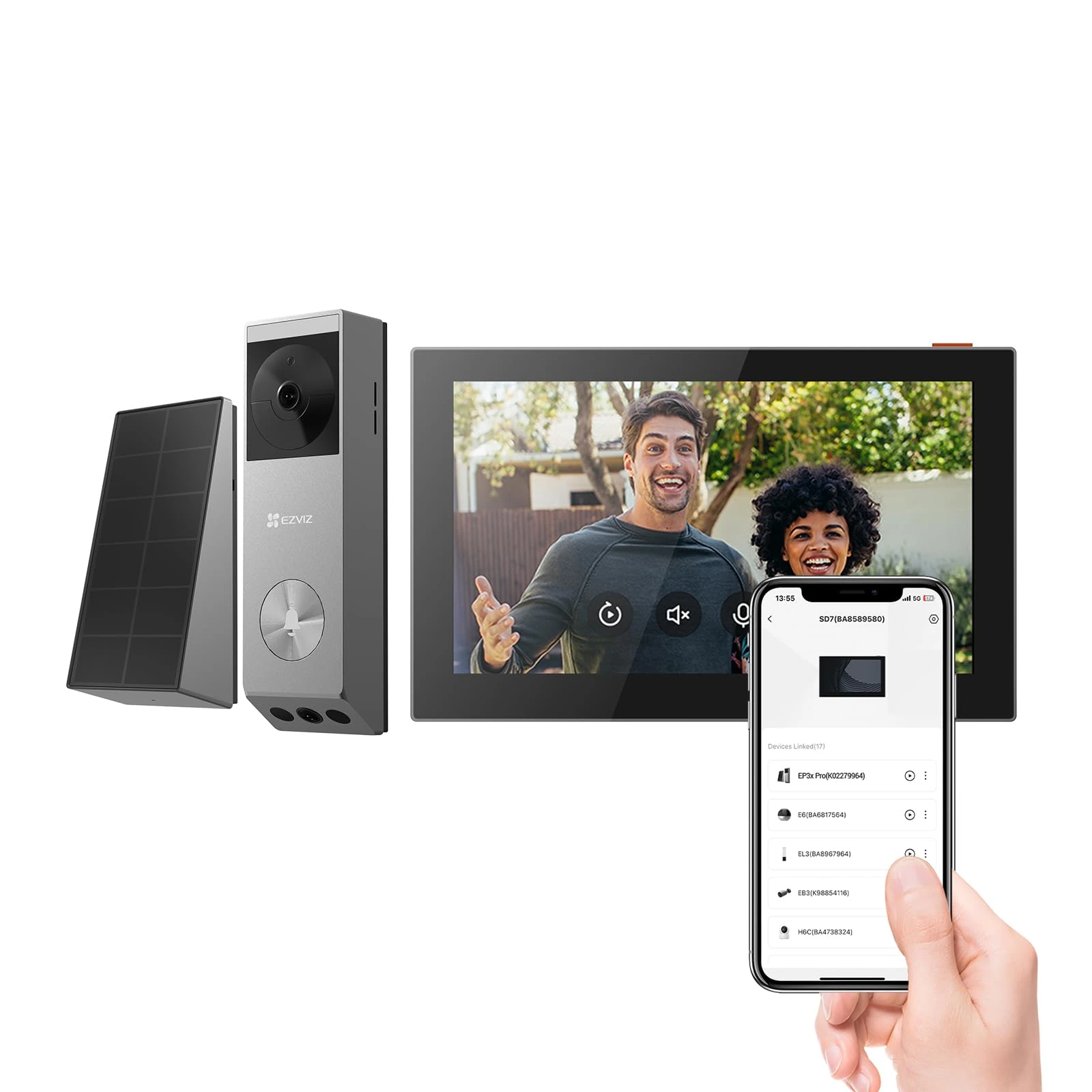 EZVIZ 2K Dual-Lens Video Doorbell Camera with Monitor Touch Screen with Ringtone, Human/Package Detection, Solar Panel Included, Colour Night Vision, Live View Playback, 2-Way Talk (SD7 EP3X Pro Kit)