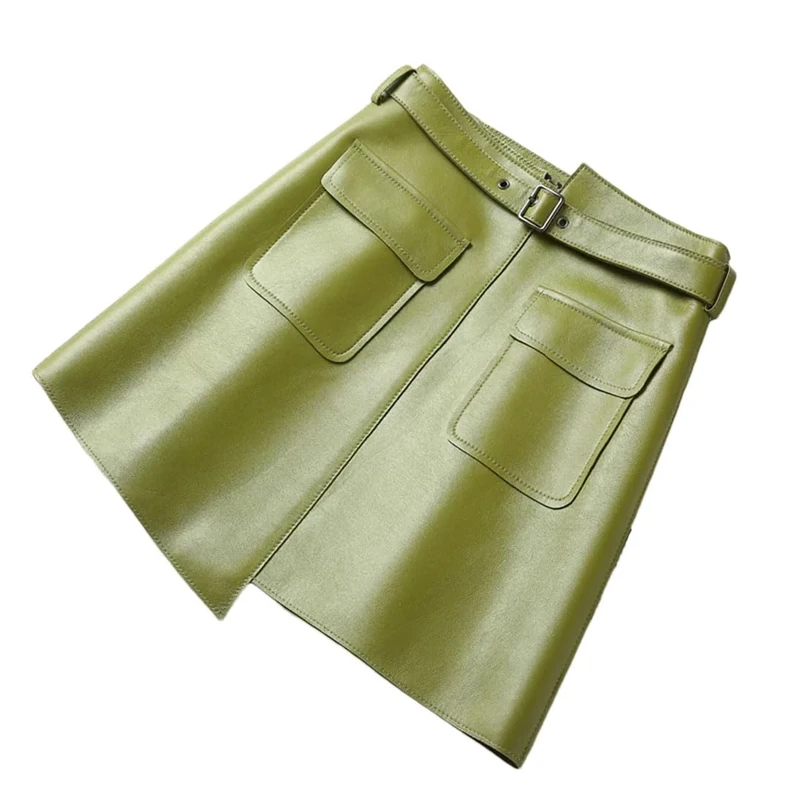 Women Autumn Winter Real Leather High Waist Mini Skirt with Belt