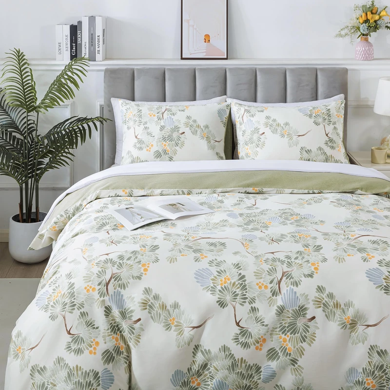 HoneiLife Duvet Dover King Size - 100% Cotton Comforter Cover Botanical Bedlinen Set with Zipper Closure & Corner Ties, 3-PC Forest Comforter Cover Sets