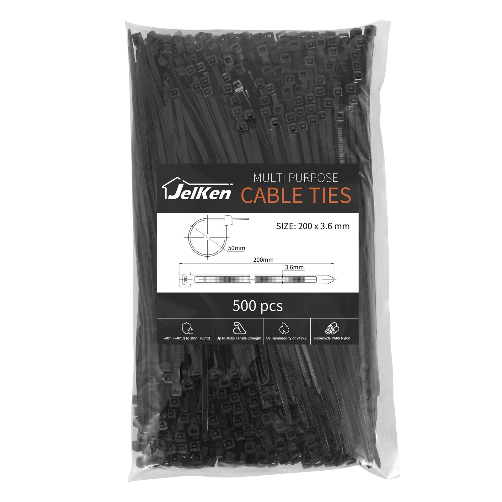 JelKen 500 Pack Black Cable Ties, 200mm x 3.6mm, 8" Nylon Tie Wraps, Self-Locking Strong Zip Ties for Home Office and Garden