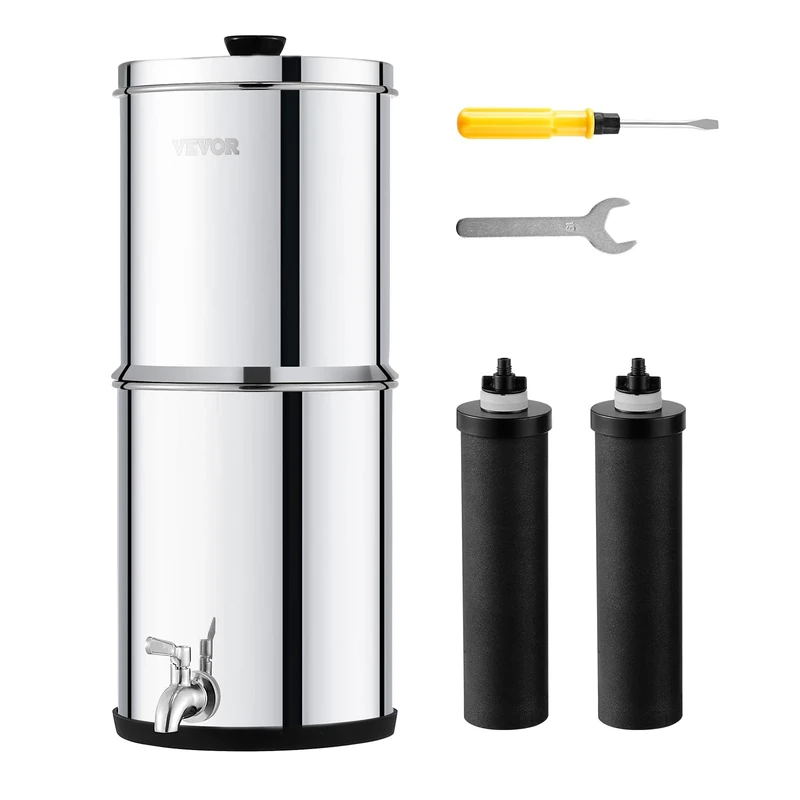 VEVOR Gravity-fed Water Filter System, 1.5G 304 Stainless-Steel Countertop System, Water Filtration System, Reduces Lead and up to 99% of Chlorine, with 2 Carbon Filters & Spigot, for Home Camping RV