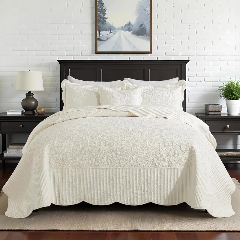 HoneiLife Oversized King Bedspreads 128x120 - California King Quilts 4-Piece, Cal King Quilt Sets,Rustic Bedding Sets King Size,Reversible Coverlets Lightweight Bedlinen Set for All Season Use-Beige
