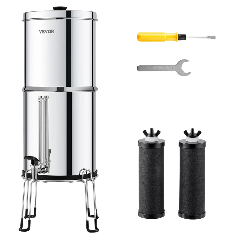 VEVOR Gravity-fed Water Filter System, 2.25G 304 Stainless-Steel Countertop System, Water Filtration System, Reduces Lead and up to 99% of Chlorine, with 2 Carbon Filters, Water Level Spigot, Stand