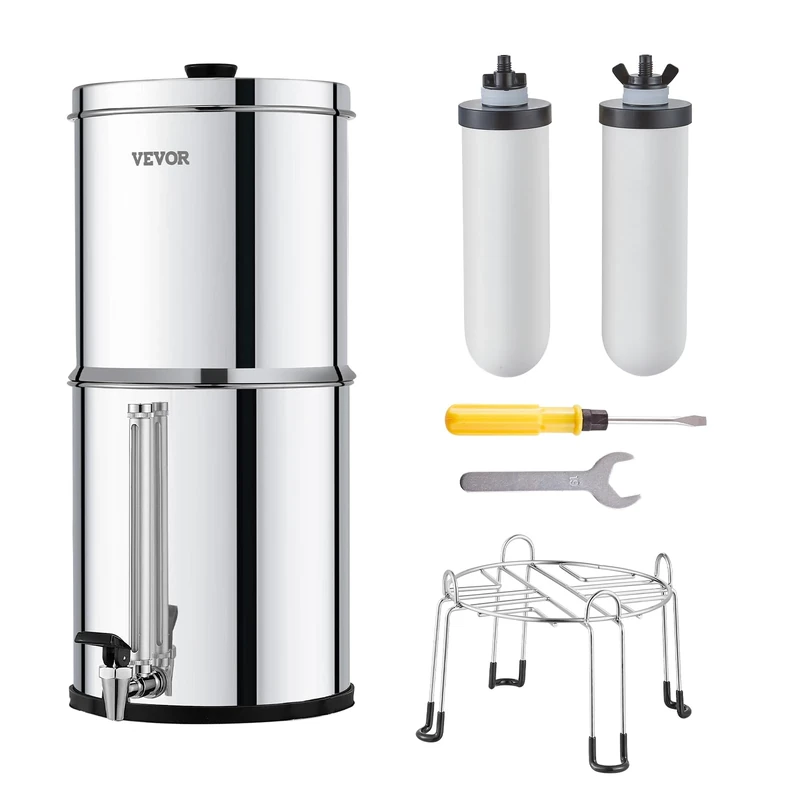 VEVOR Gravity-fed Water Filter System, 2.25G 304 Stainless-Steel Countertop Water Filtration System, Reduces Lead and up to 99% of Chlorine, with 2 Ceramic Carbon Filters, Water Level Spigot, Stand