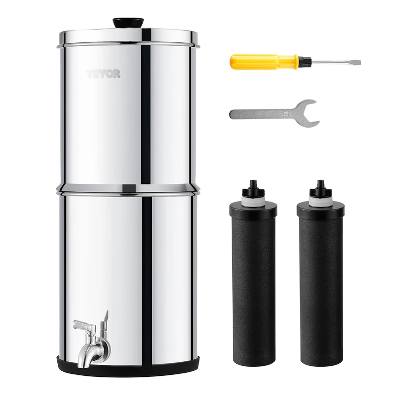 VEVOR Gravity-fed Water Filter System, 2.25G 304 Stainless-Steel Countertop System, Water Filtration System, Reduces Lead and up to 99% of Chlorine, with 2 Carbon Filters & Spigot, for Home Camping RV