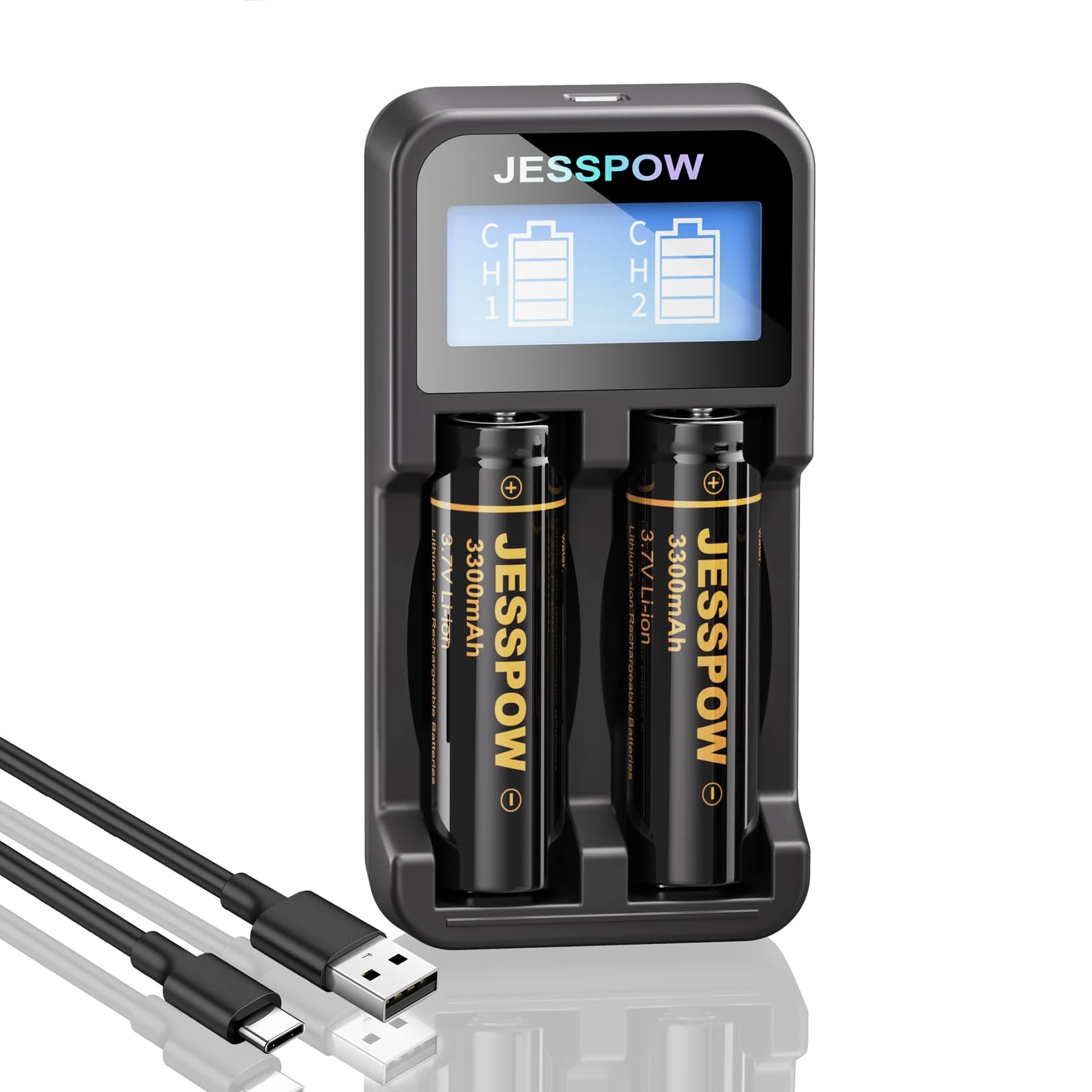 3.7 V 18650 Rechargeable Battery Flat Top (2 Pack) with Charger, 3300mAh Large Capacity Rechargeable Lithium Batteries for Flashlight, Headlamp, Small Fan