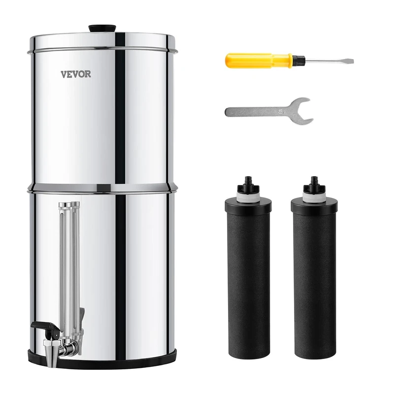 VEVOR Gravity-fed Water Filter System, 2.25G 304 Stainless-Steel Countertop System, Water Filtration System, Reduces Lead and up to 99% of Chlorine, with 2 Carbon Filters, and Water Level Spigot