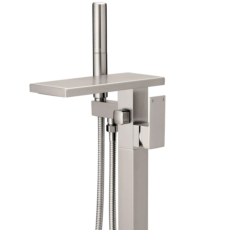 Hoimpro Floor Mounting Bathtub Faucet Freestanding Waterfall Bathtub Filler, Brushed Nickel Single Handle High Flow Shower Faucets Mixer Bathroom Bathtub Faucets with 2 Function Hand Shower Wall